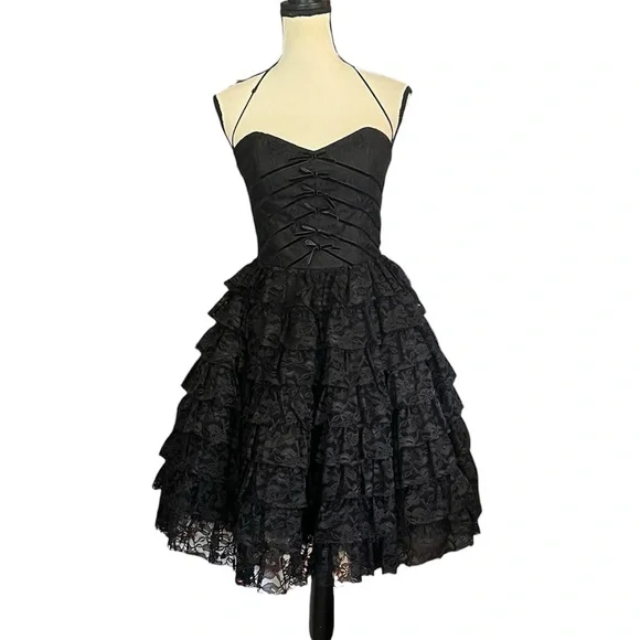 Vintage Betsey Johnson Evening Sheer Lace Velvet Ribbon Bows Goth Cupcake Dress - Picture 3 of 12